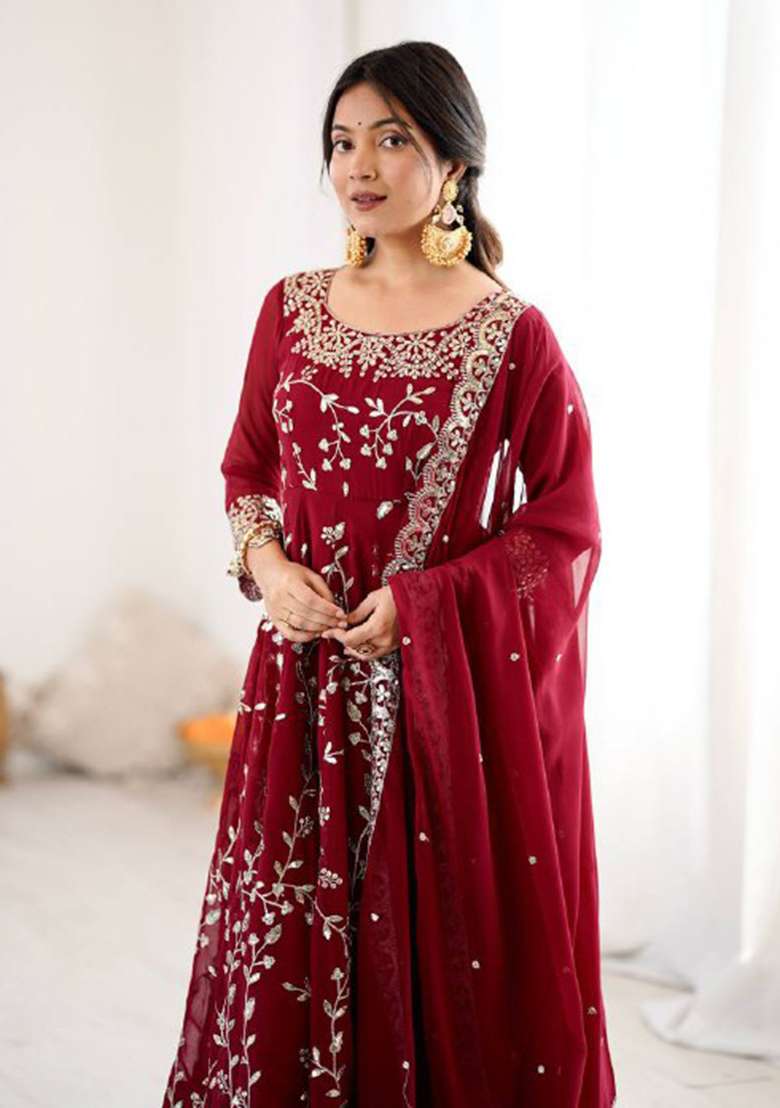 Maroon Embroidered Georgette Anarkali Set - Indya