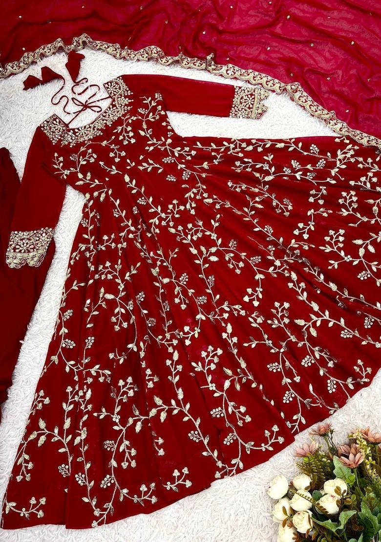 Maroon Embroidery Georgette Anarkali Set With Dupatta - Indya