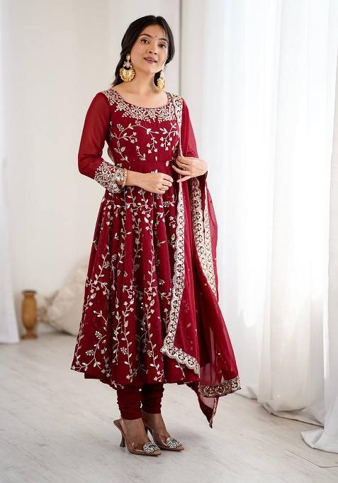 Maroon Embroidery Georgette Anarkali Set With Dupatta