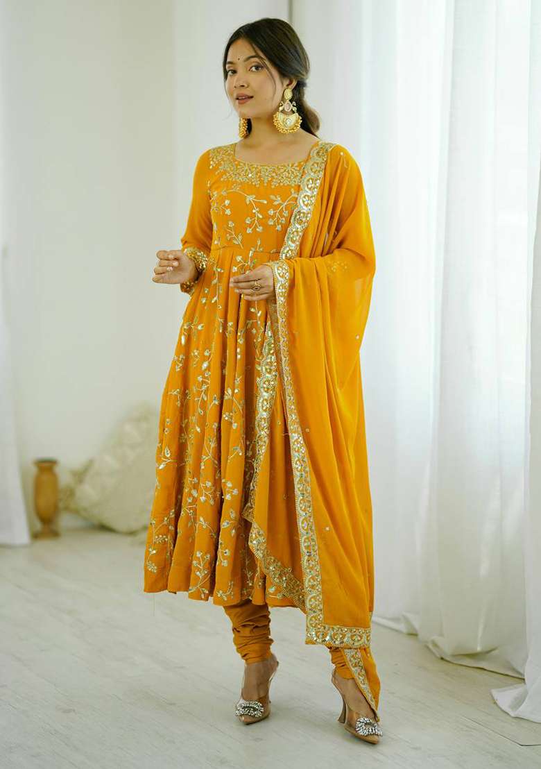 Yellow Embroidered Georgette Anarkali Set - Indya