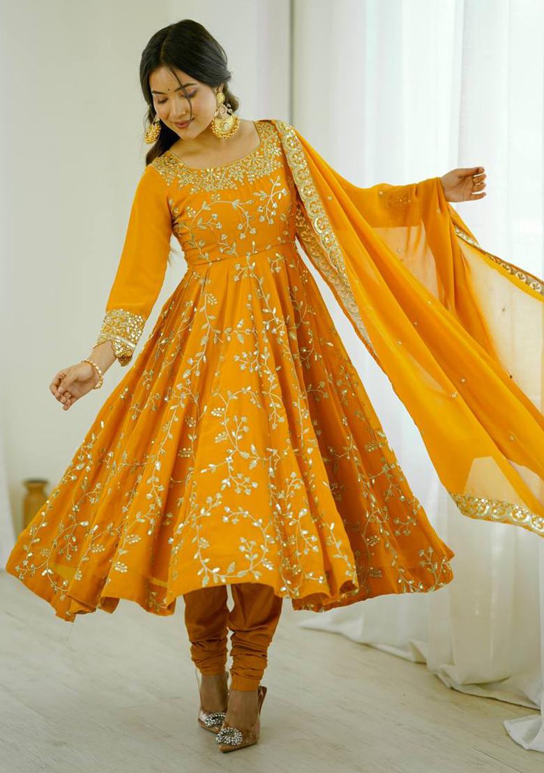 Yellow Embroidery Georgette Anarkali Set With Dupatta - Indya
