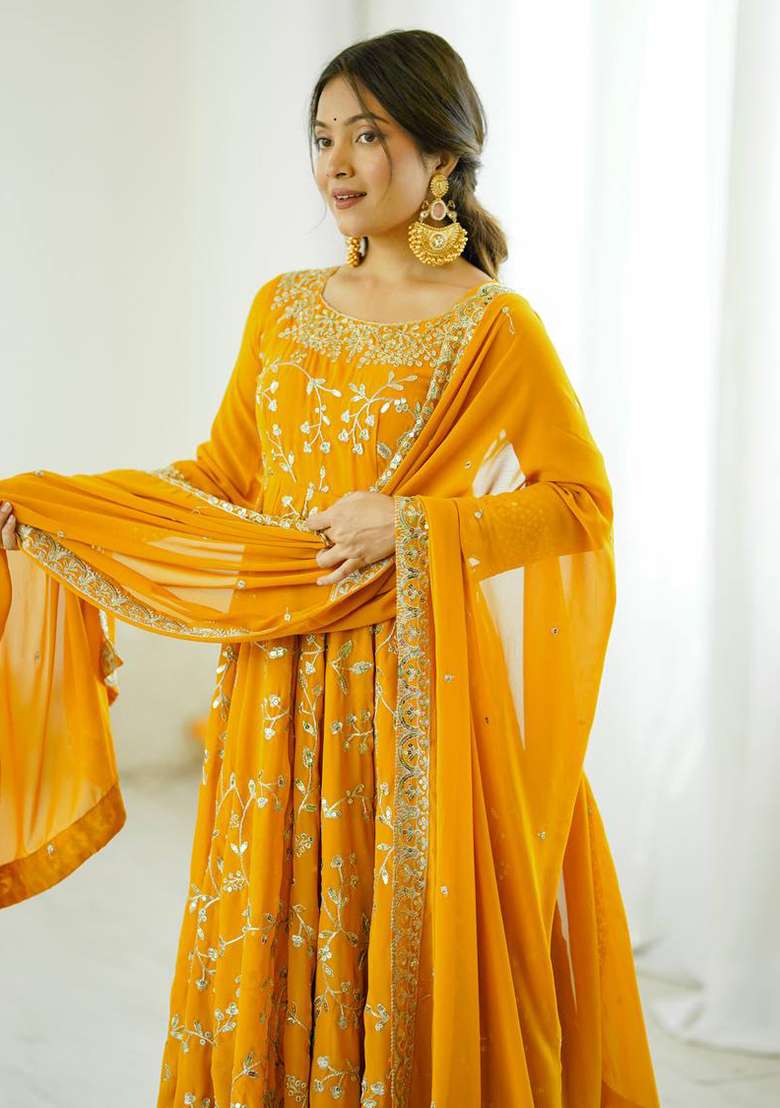 Yellow Embroidered Georgette Anarkali Set - Indya