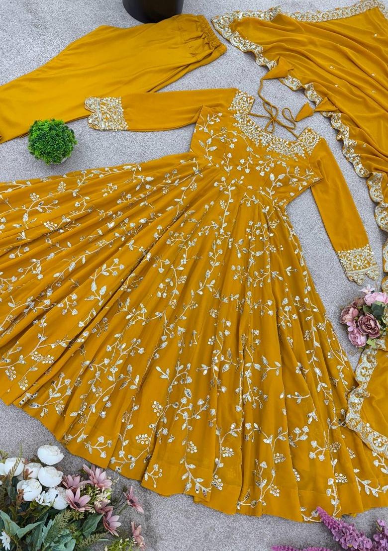 Yellow Embroidery Georgette Anarkali Set With Dupatta - Indya