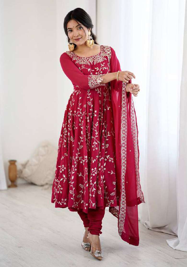 Pink Embroidered Georgette Anarkali Set - Indya