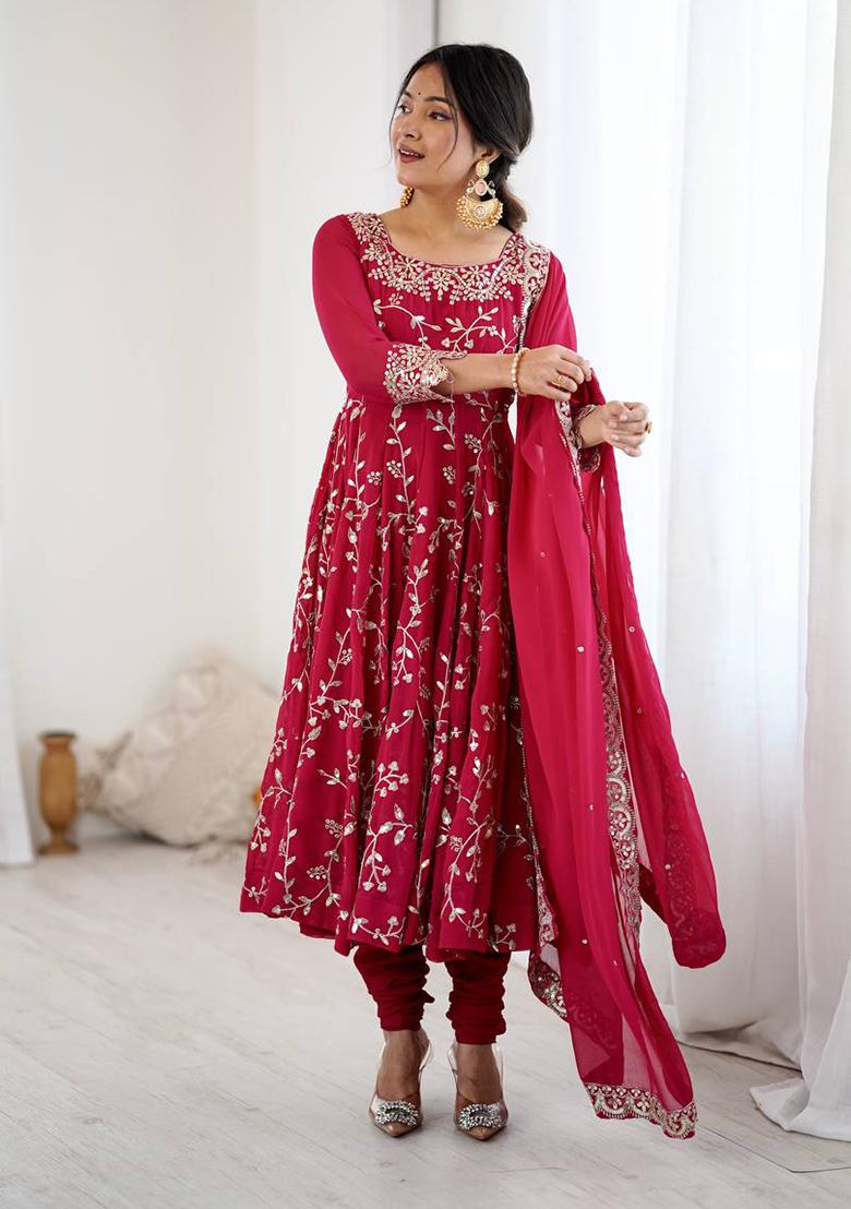 Pink Embroidery Georgette Anarkali Set With Dupatta - Indya