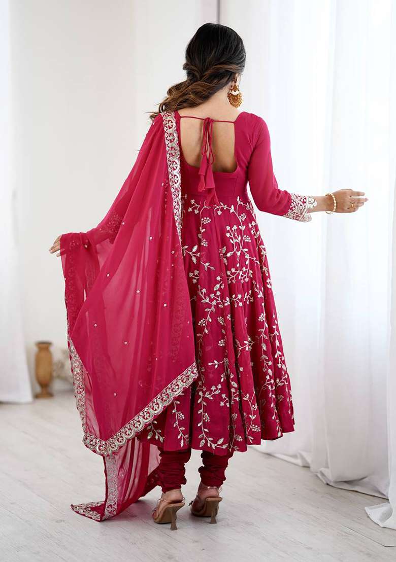 Pink Embroidered Georgette Anarkali Set - Indya