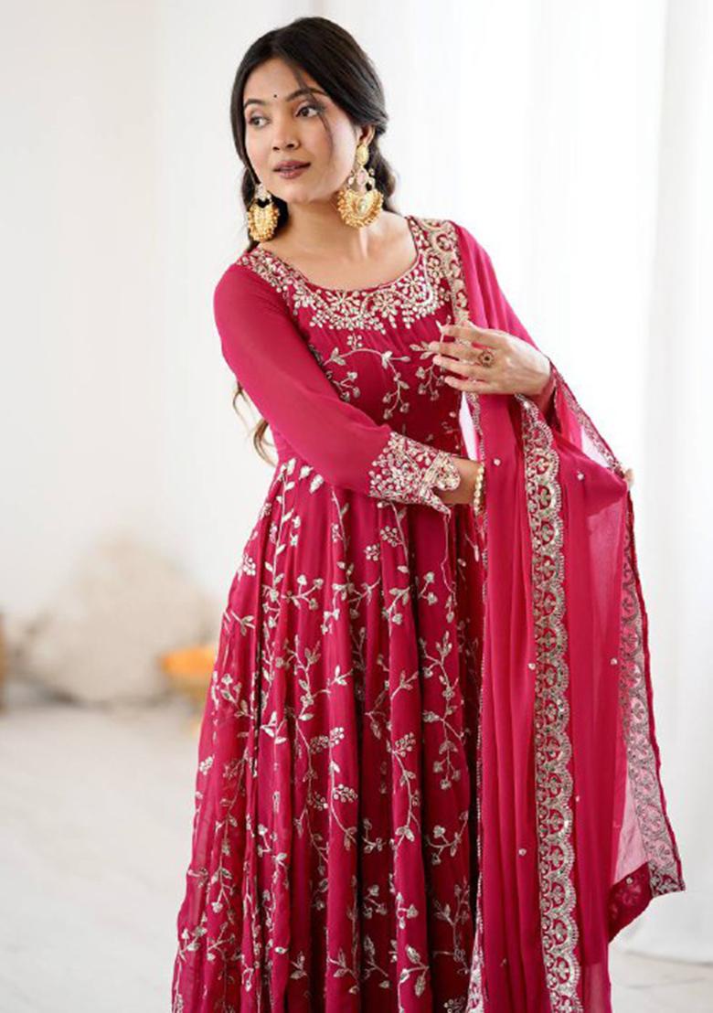 Pink Embroidery Georgette Anarkali Set With Dupatta - Indya