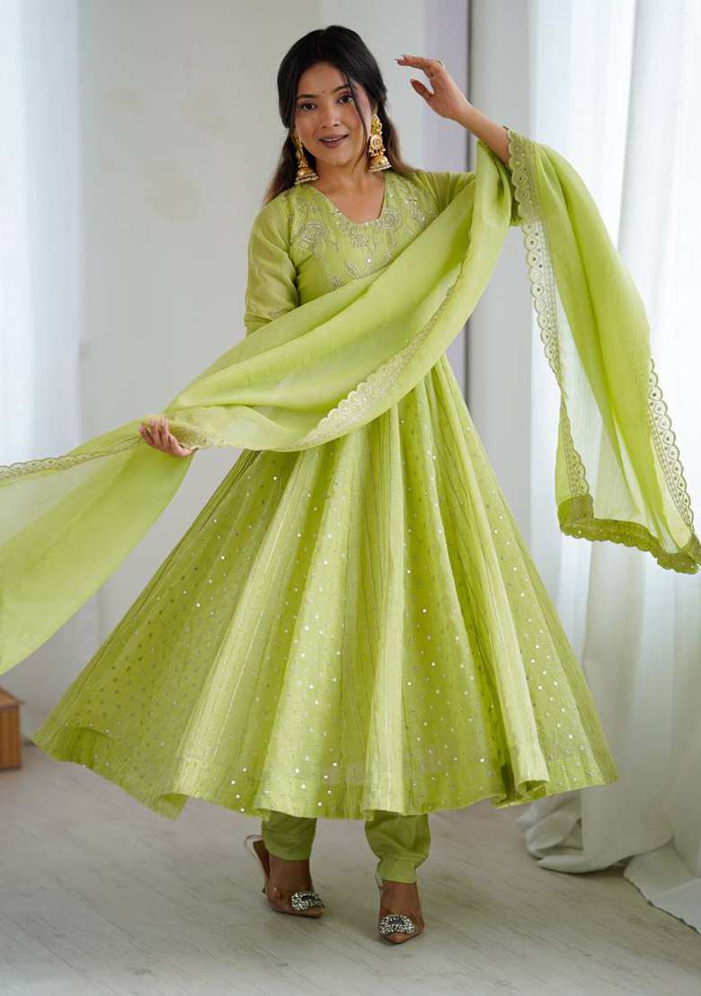 Lime Green Sequin Work Silk Blend Anarkali Set - Indya