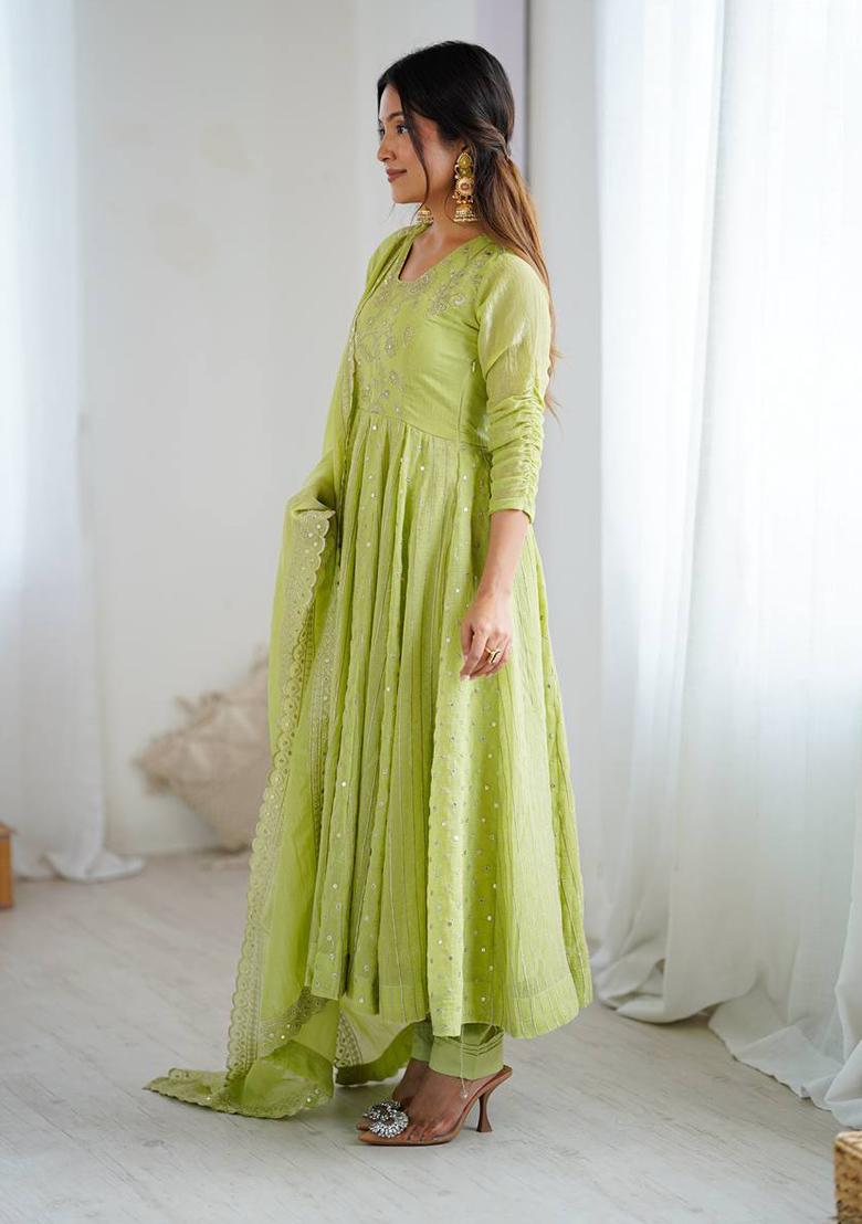 Lime Green Embroidery Silk Anarkali Set With Dupatta - Indya