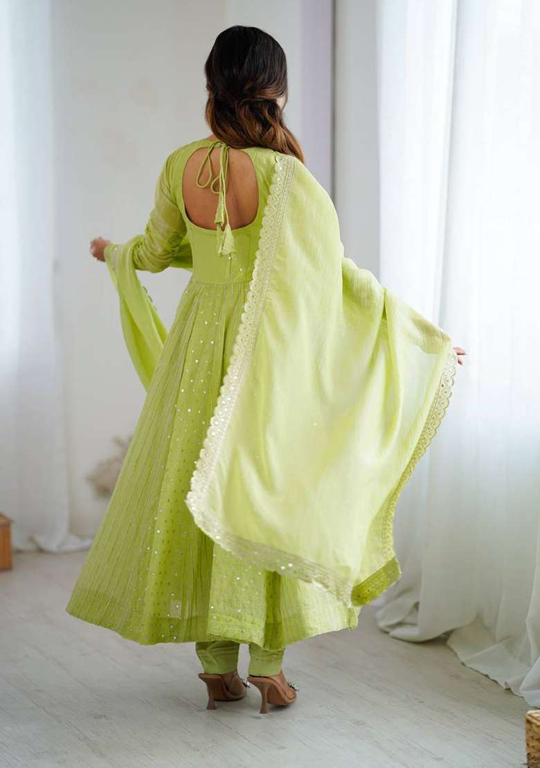 Lime Green Sequin Work Silk Blend Anarkali Set - Indya