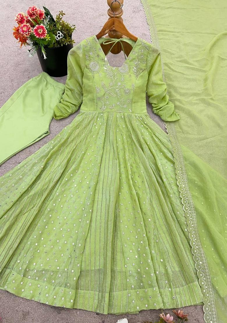 Lime Green Embroidery Silk Anarkali Set With Dupatta - Indya
