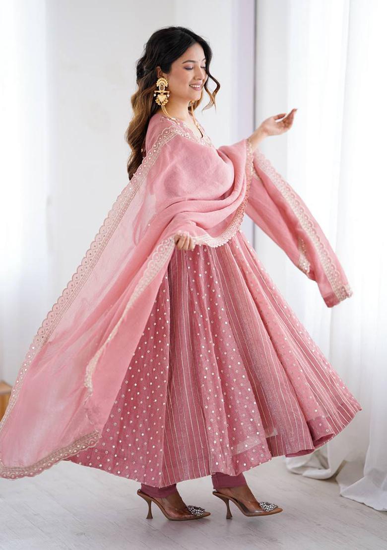 Onion Pink Embroidery Silk Anarkali Set With Dupatta - Indya