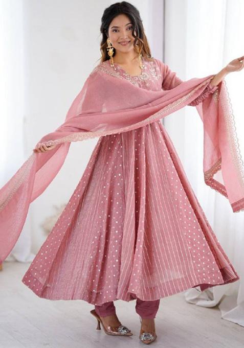 Onion Pink Embroidery Silk Anarkali Set With Dupatta