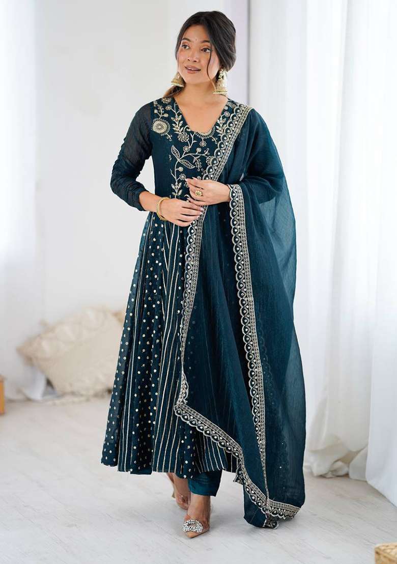 Blue Embroidered Silk Blend Anarkali Set - Indya