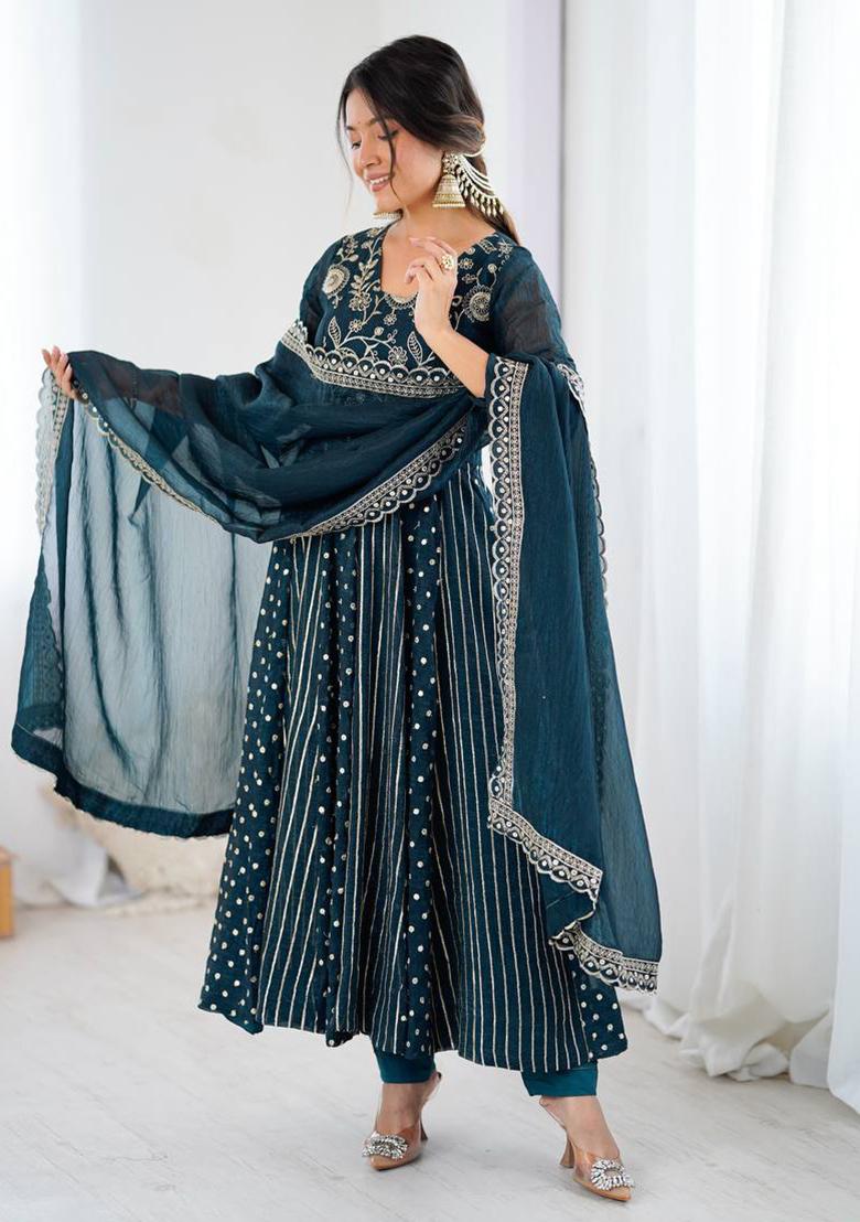 Blue Embroidery Silk Anarkali Set With Dupatta - Indya