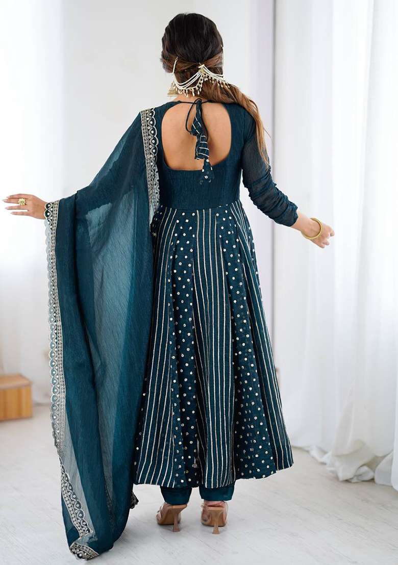 Blue Embroidered Silk Blend Anarkali Set - Indya