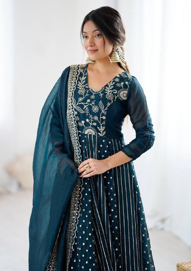 Blue Embroidery Silk Anarkali Set With Dupatta - Indya