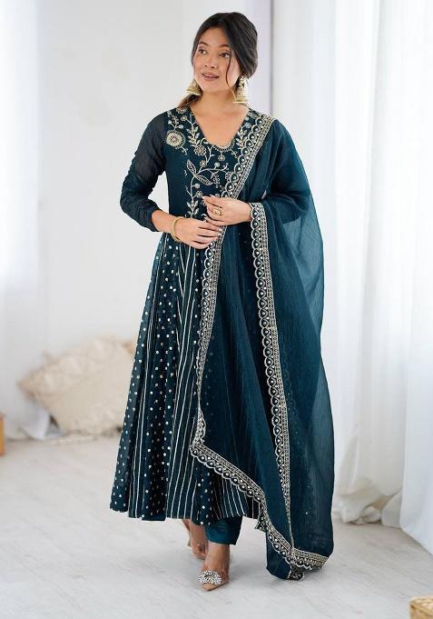 Blue Embroidery Silk Anarkali Set With Dupatta