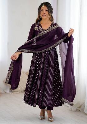 Dark Purple Embroidery Silk Anarkali Set With Dupatta