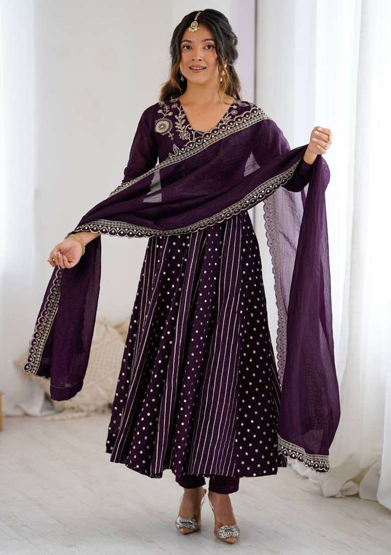 Dark Purple Embroidered Silk Blend Anarkali Set - Indya