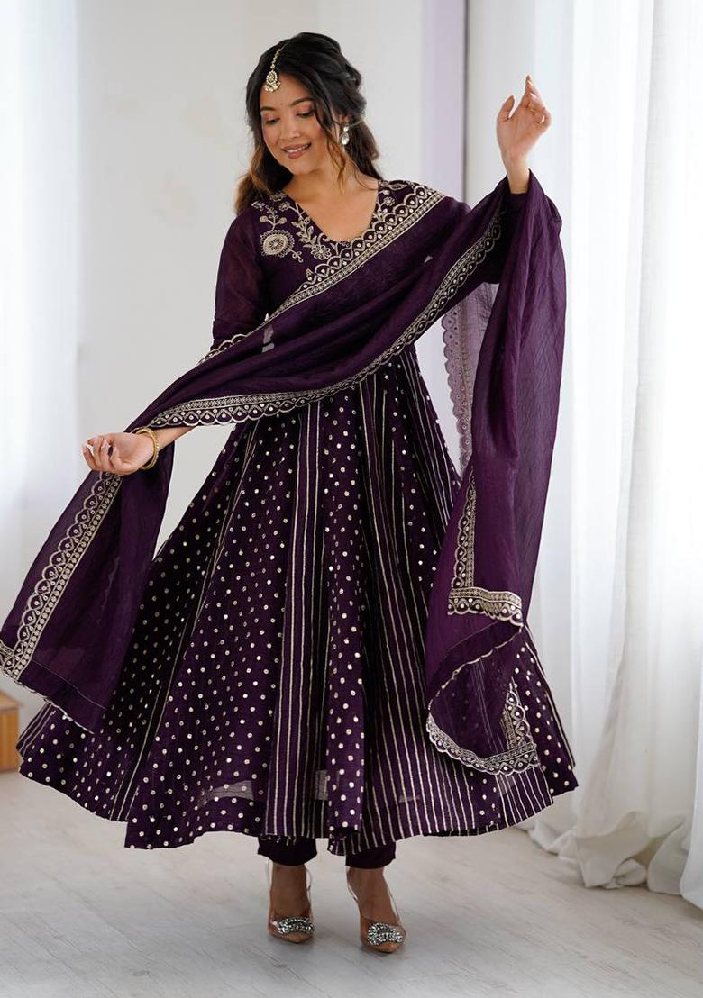 Dark Purple Embroidery Silk Anarkali Set With Dupatta - Indya