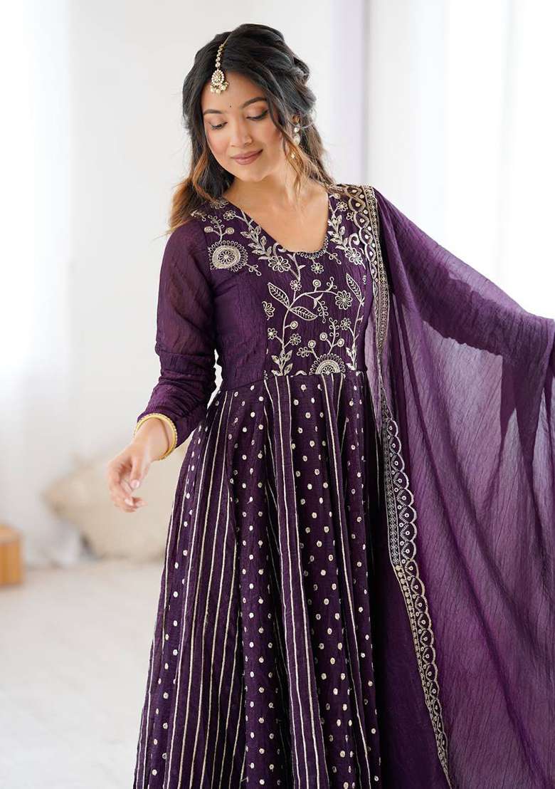 Dark Purple Embroidered Silk Blend Anarkali Set - Indya