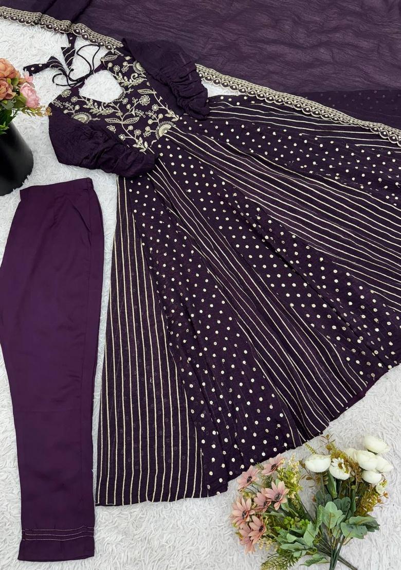 Dark Purple Embroidery Silk Anarkali Set With Dupatta - Indya