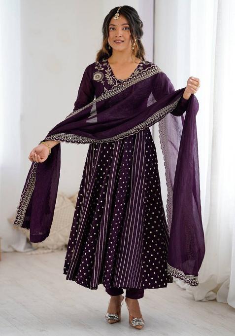 Dark Purple Embroidery Silk Anarkali Set With Dupatta