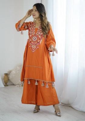 Orange Mirror Work Khadi Cotton Plazzo Set
