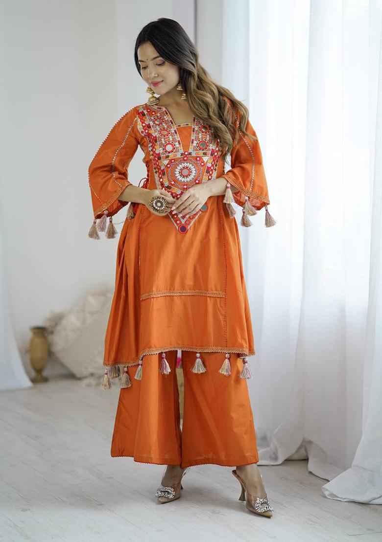 Orange Mirror Work Khadi Cotton Plazzo Set - Indya