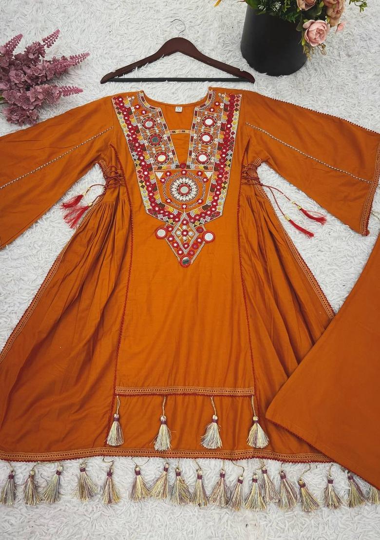 Orange Mirror Work Khadi Cotton Plazzo Set - Indya