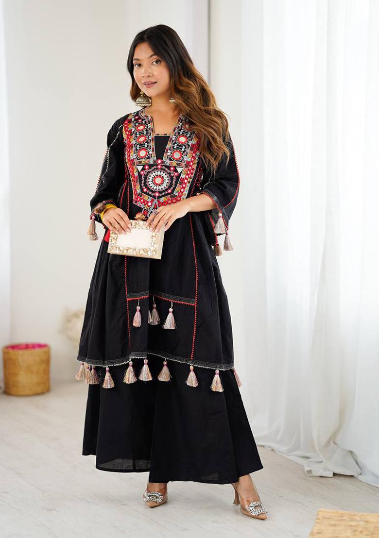 Black Mirror Work Khadi Cotton Plazzo Set - Indya