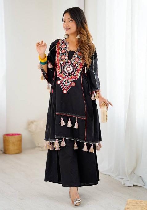 Black Mirror Work Khadi Cotton Plazzo Set