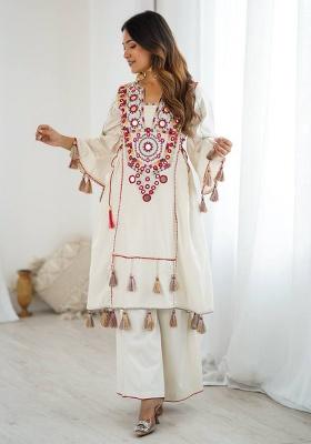 White Mirror Work Khadi Cotton Plazzo Set