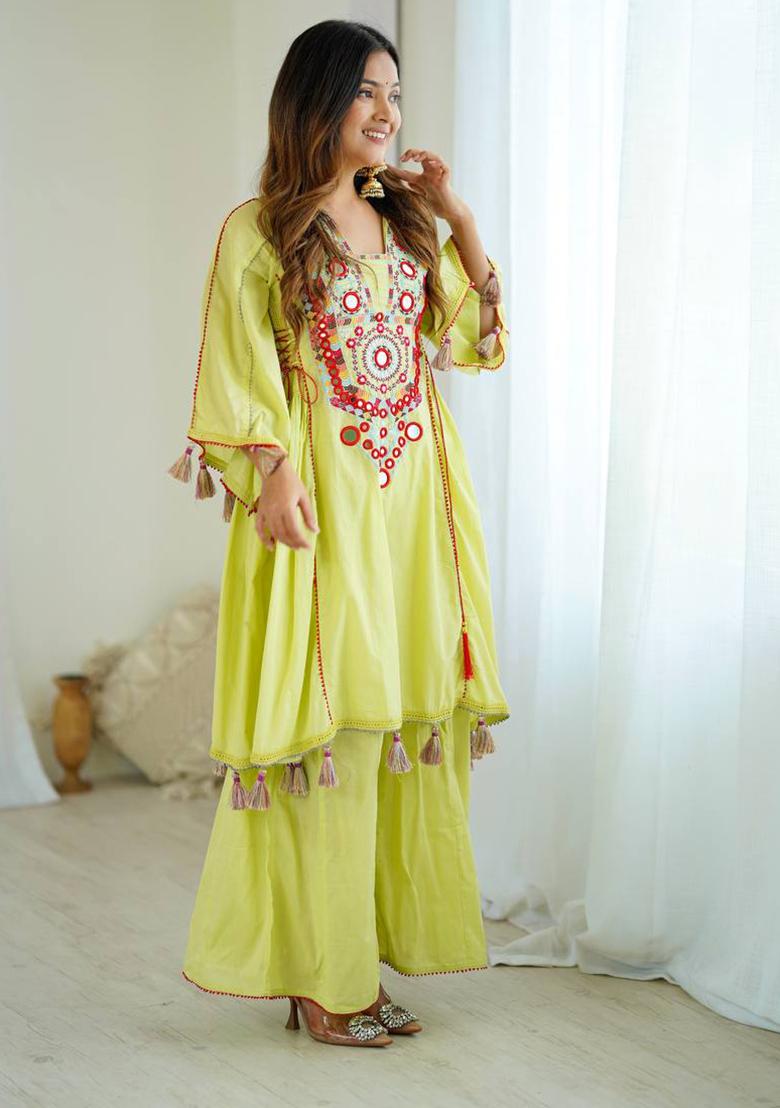 Lime Green Mirror Work Khadi Cotton Plazzo Set - Indya