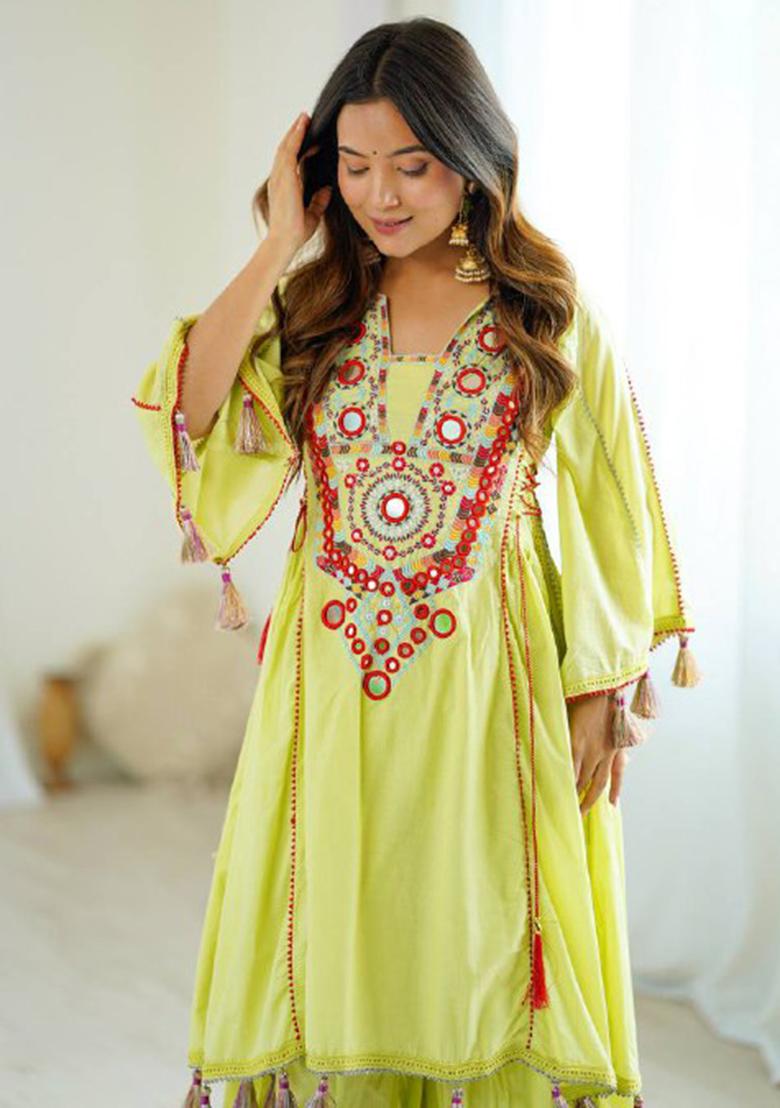 Lime Green Mirror Work Khadi Cotton Plazzo Set - Indya