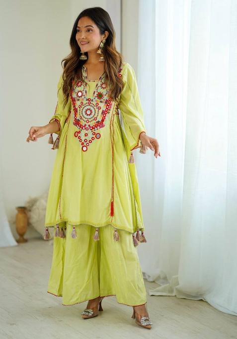 Lime Green Mirror Work Khadi Cotton Plazzo Set