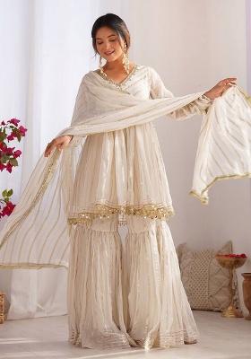 Off White Mirror Work Silk Sharara Set