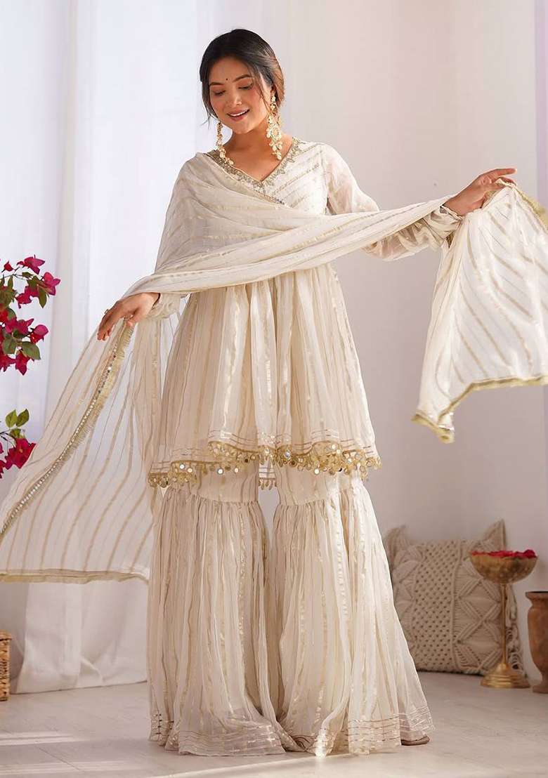 Off White Mirror Work Silk Sharara Set - Indya
