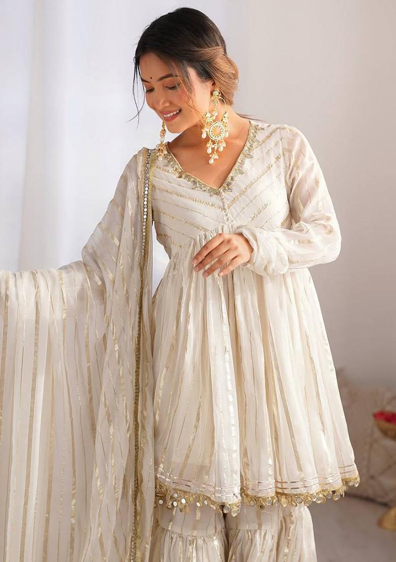 Off White Mirror Work Silk Sharara Set - Indya