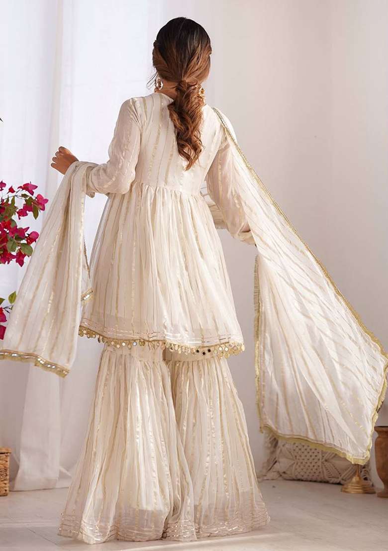 Off White Mirror Work Silk Sharara Set - Indya