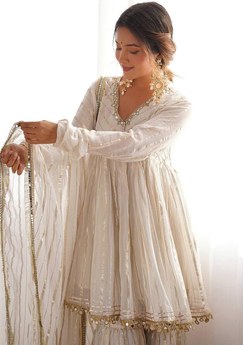 Off White Mirror Work Silk Sharara Set - Indya