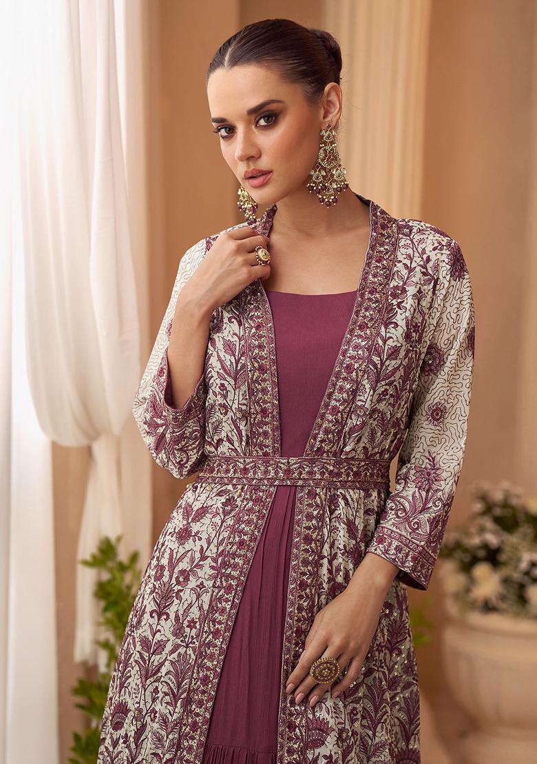 Wine Embroidered Chinon Gown With Shrug - Indya