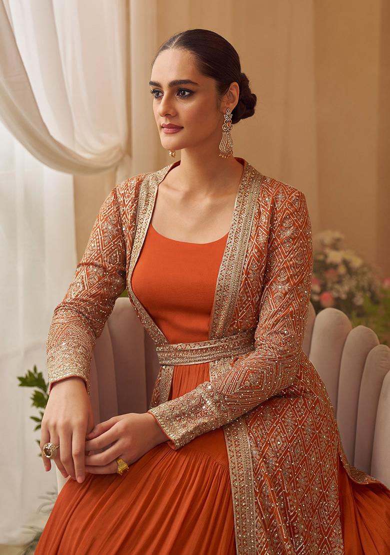 Orange Embroidered Chinon Gown With Shrug - Indya