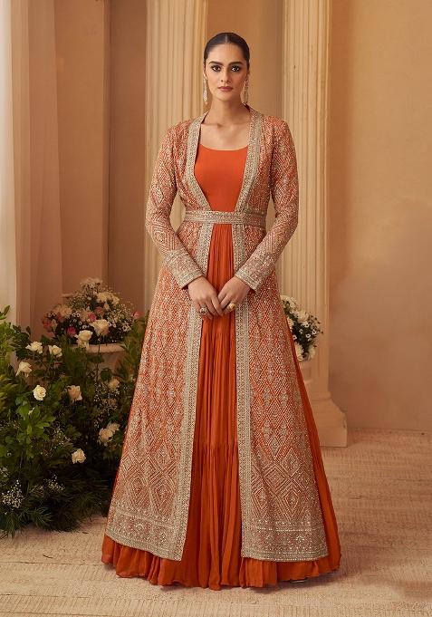 Orange Embroidered Chinon Gown With Shrug