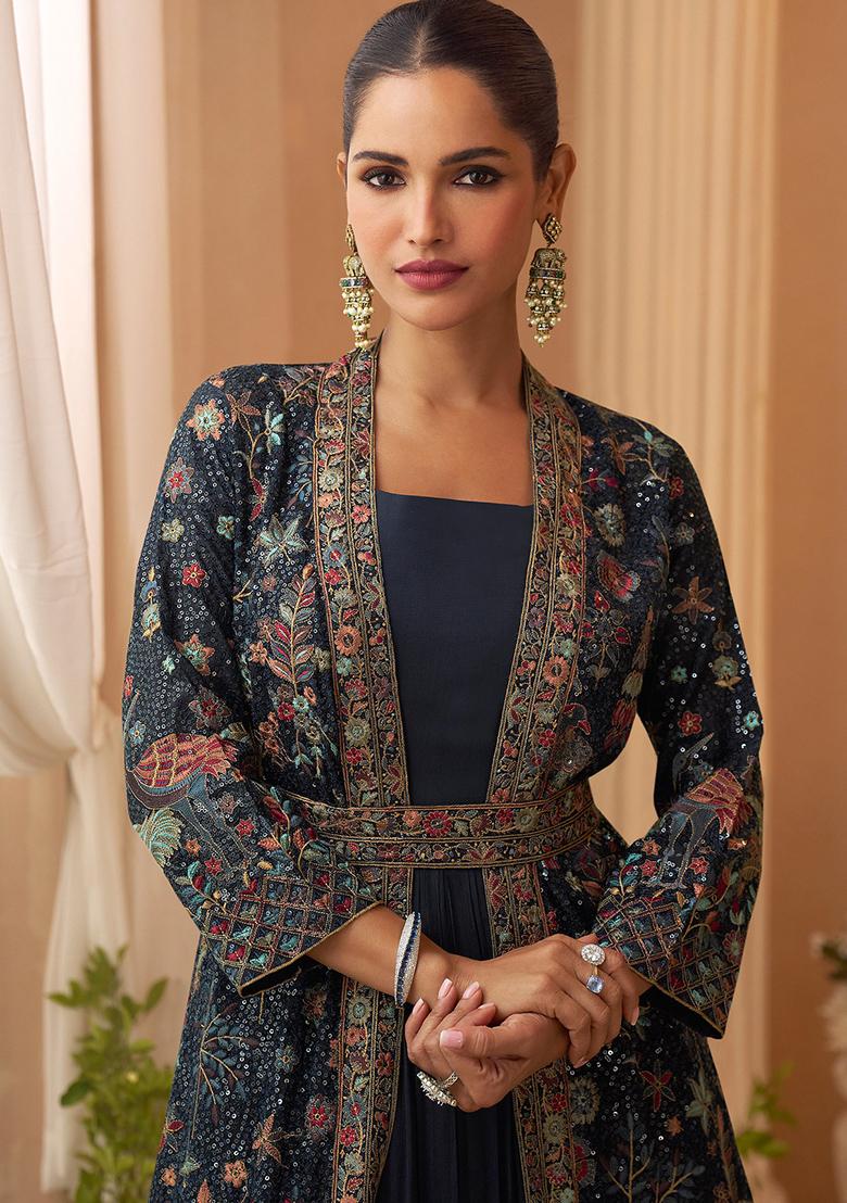 Blue Embroidered Chinon Gown With Shrug - Indya