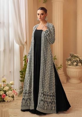 Black Embroidered Chinon Gown With Shrug