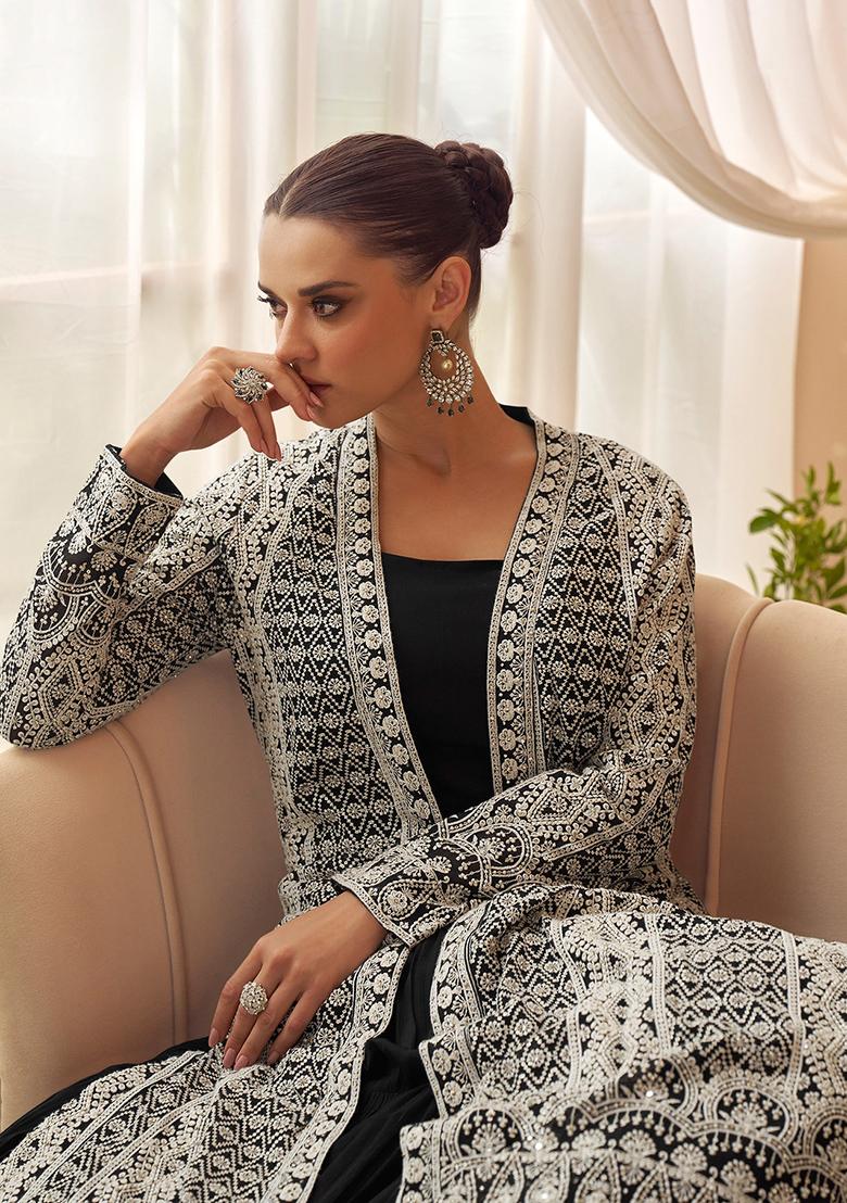 Black Embroidered Chinon Gown With Shrug - Indya