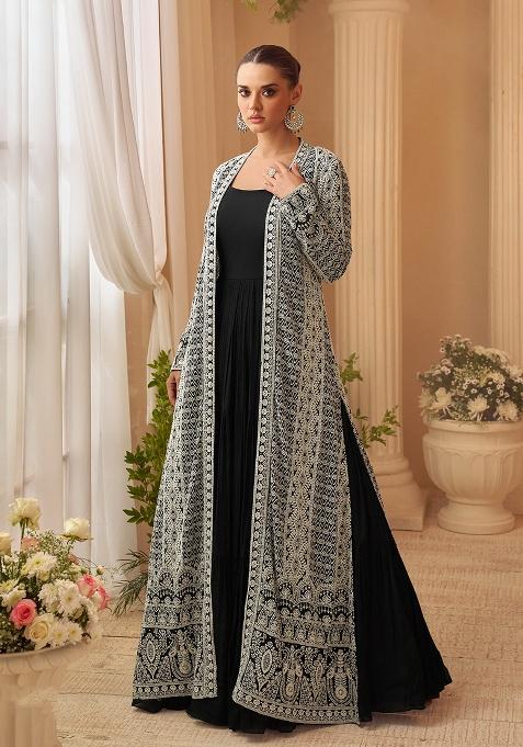 Black Embroidered Chinon Gown With Shrug