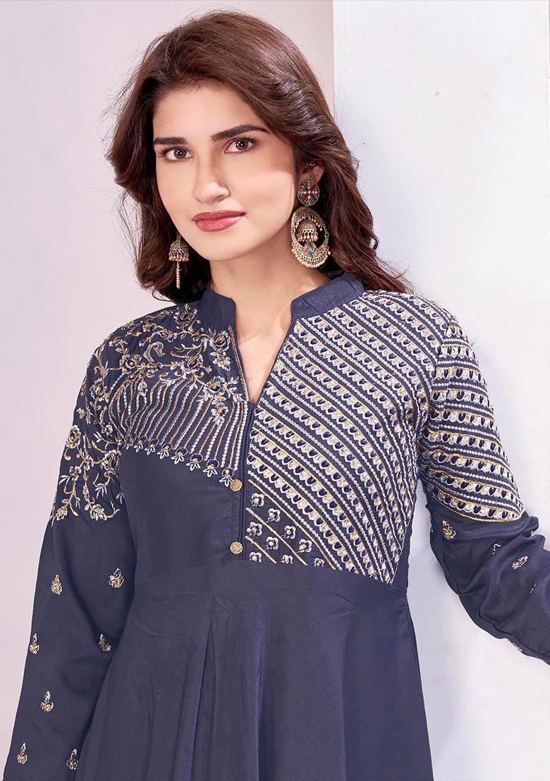 Grey Embroidered Muslin Gown - Indya